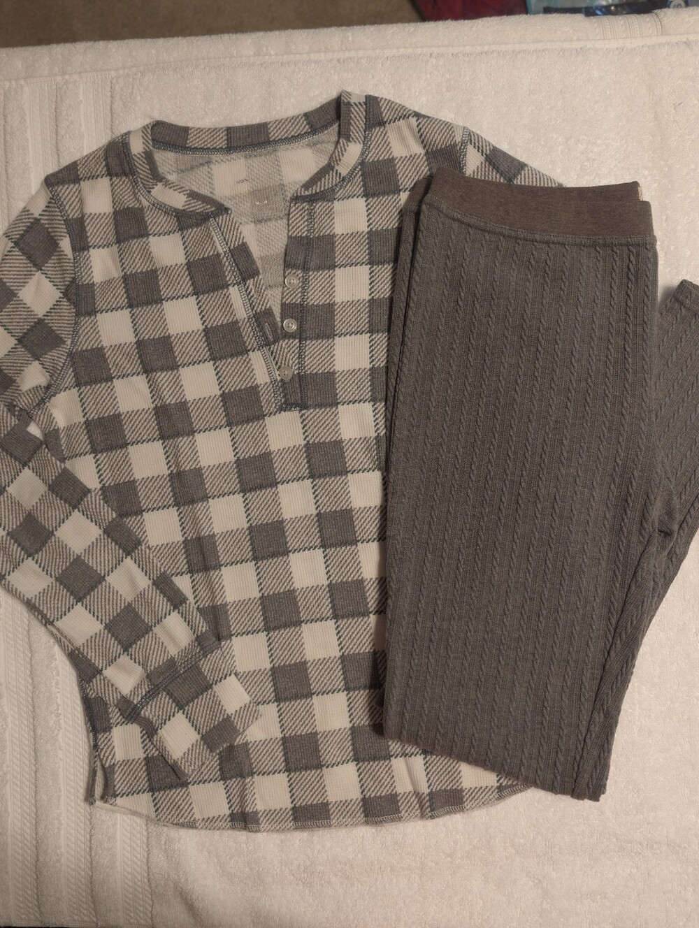 Plaid Thermal Henley Loungewear Set in Gray and Off White